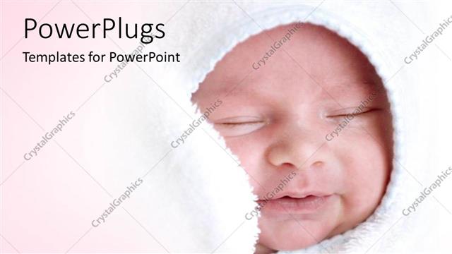  Presentation with new born - A small baby smiling and wrapped with a white blanket