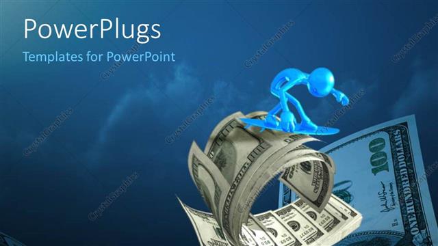  Presentation with surfing - A small blue 3D surfing a wave of dollar bills