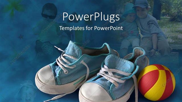  Presentation with red white blue - Small blue and white sneakers with a red and yellow ball with children on background