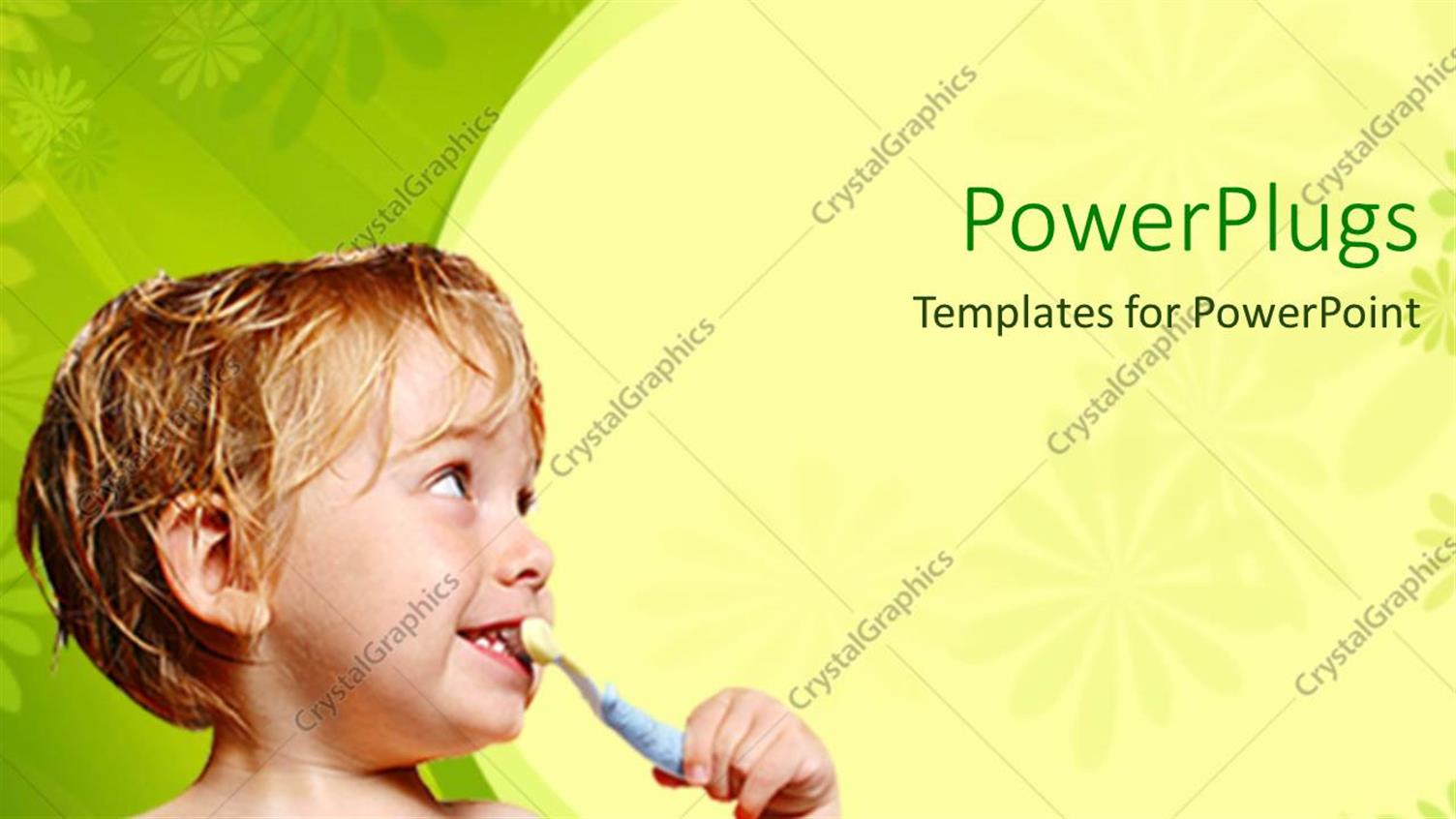 Featuring a small Boy Brushing his Teeth on a Yellow and Green Background