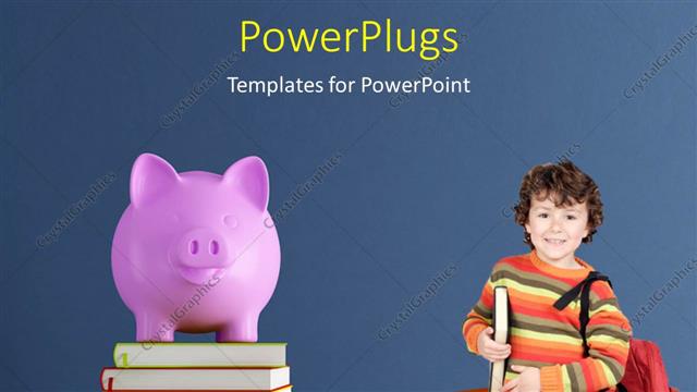  Presentation with carrying school bag - A small boy carrying a school bag with a stack of books and a piggy bank