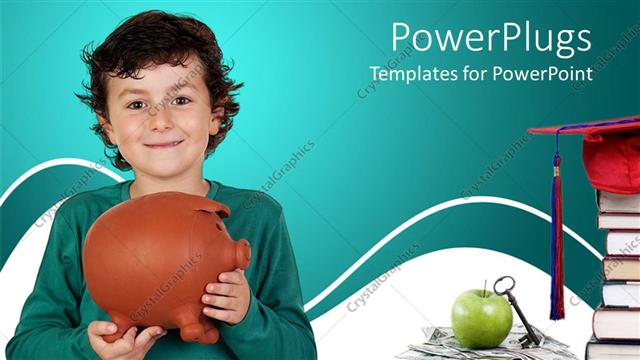  Presentation with bank - Small boy holding a brown colored piggy bank and smiling