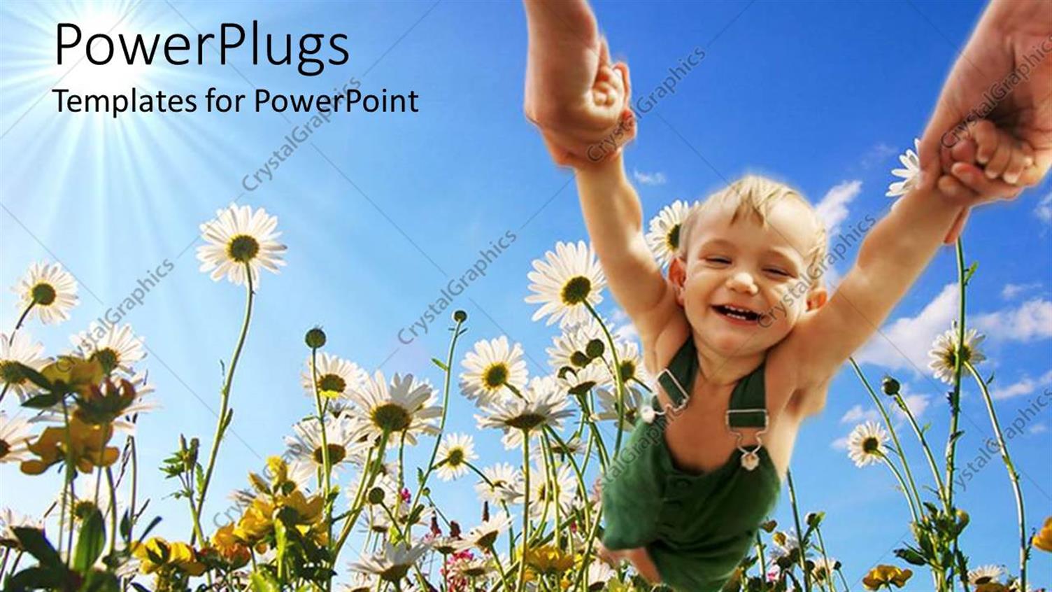 Featuring Small Child Holding Parents Hands Swinging Through Field of Daisies