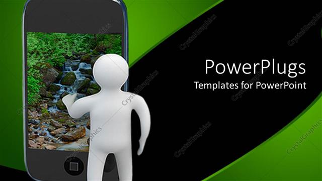  Presentation with peaceful - Small white figure standing beside?smart phone showing peaceful babbling brook scene
