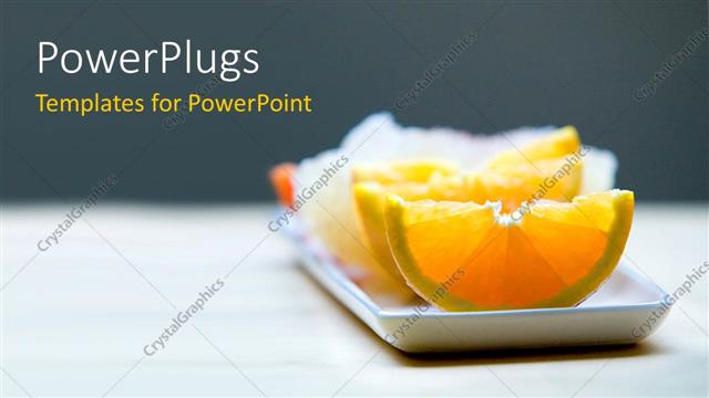  Presentation with bearing - Small white rectangular plate bearing slices of orange and other fruits