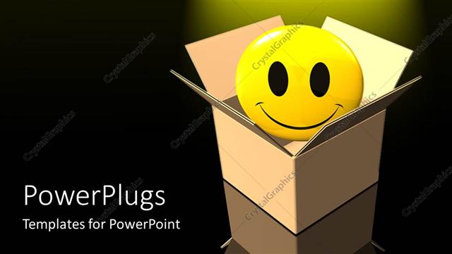  Presentation with happiness - A smiley coming out of the box with black background and yellow light
