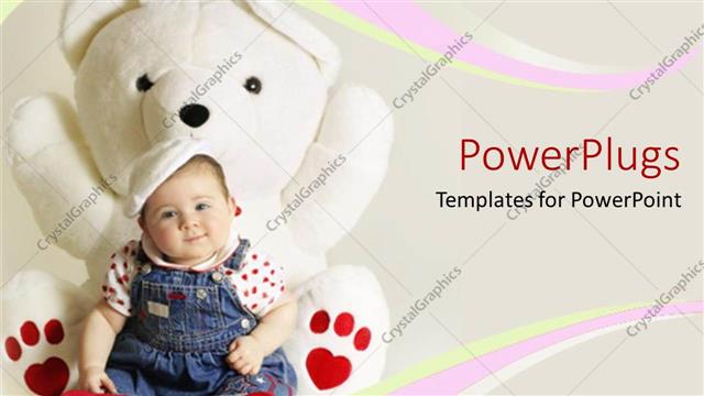  Presentation with baby bear - Smiling baby girl sitting against big fluffly white teddy bear toy with heart shape