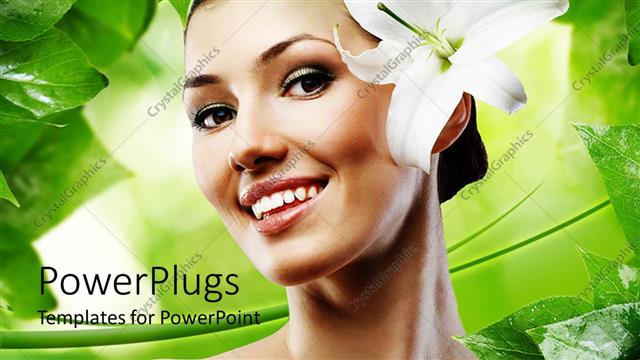  Presentation with green beauty - Smiling beautiful woman with white flower in green background