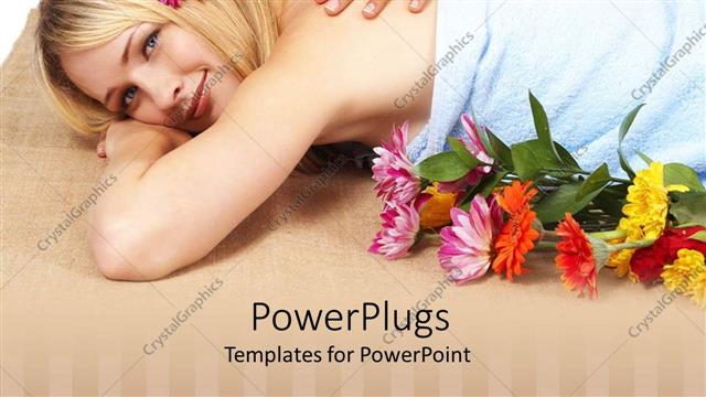  Presentation with colorful flower - Smiling blond woman with flower in head enjoying massage at spa with colorful flowers on bed
