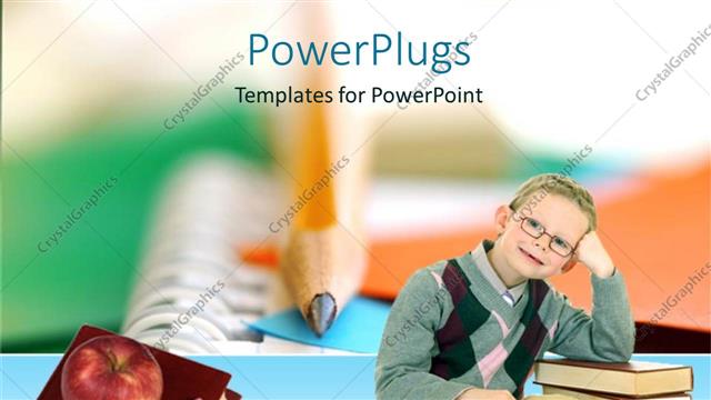  Presentation with apple - Smiling child on sitting with hand on top of stack of books, notebook and pencil red apple