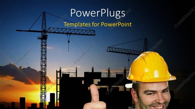  Presentation with construct - Smiling construction worker wearing protective helmet over construction site with cranes