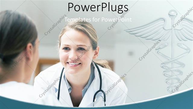  Presentation with doctor - Smiling doctor looking at a patient on a wheelchair with caduceus symbol in background