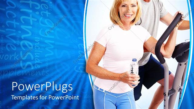  Presentation with gym - Smiling elderly couple working out in gym on blue background