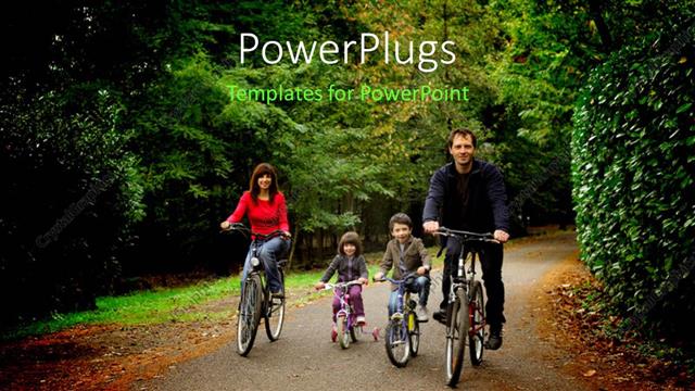  Presentation with tour - Smiling family riding bicycles in a park with trees