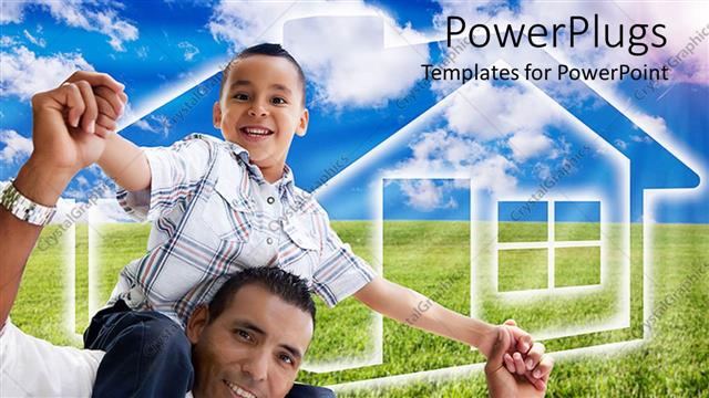  Presentation with shoulder - Smiling Father carries son over shoulder on green vegetation and blue sky