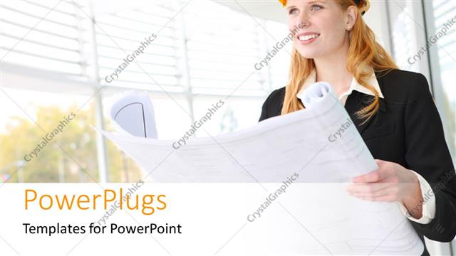  Presentation with blueprint - Smiling female construction engineer with protective helmet holding blueprint