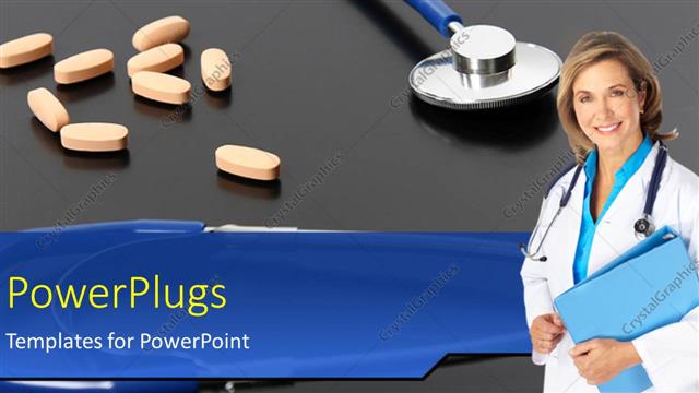  Presentation with tablets - Smiling female doctor with orange tablets and stethoscope on black background