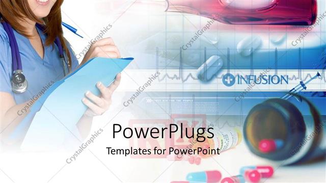  Presentation with liquid - Smiling female doctor writing on chart surrounded by pills and liquid medicine