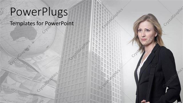  Presentation with faint - Smiling female with a faint high building, globe and dollar bills