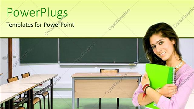  Presentation with green notebook - Smiling girl with green notebook in empty classroom