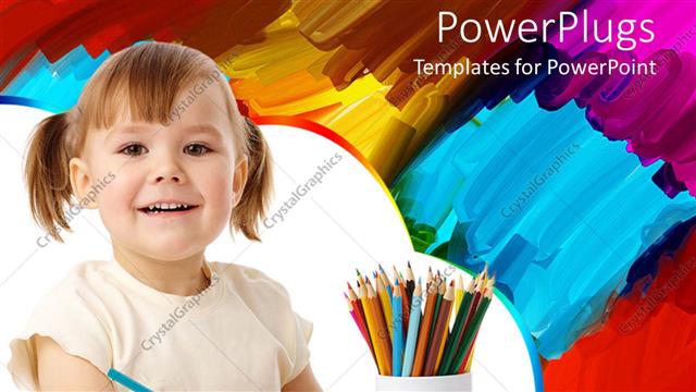  Presentation with colored pencils - Smiling happy girl with colored pencils in cup and painting in the background
