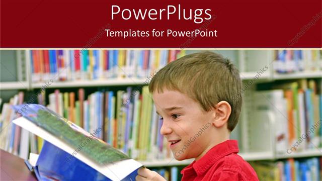  Presentation with book - Smiling kid reading from a book with large library shelves in his back