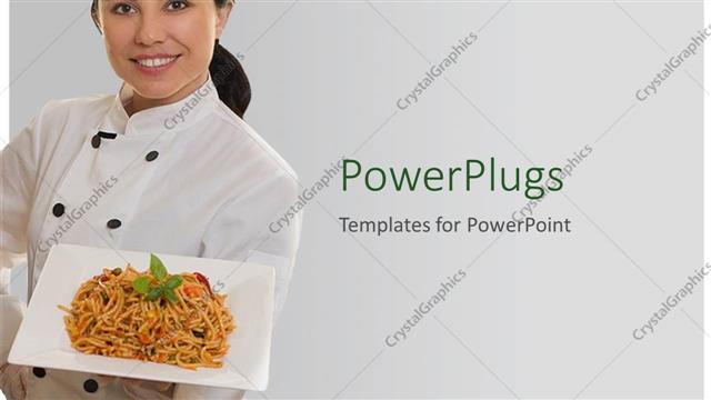 Presentation with pasta - Smiling lady chef holding plate of pasta
