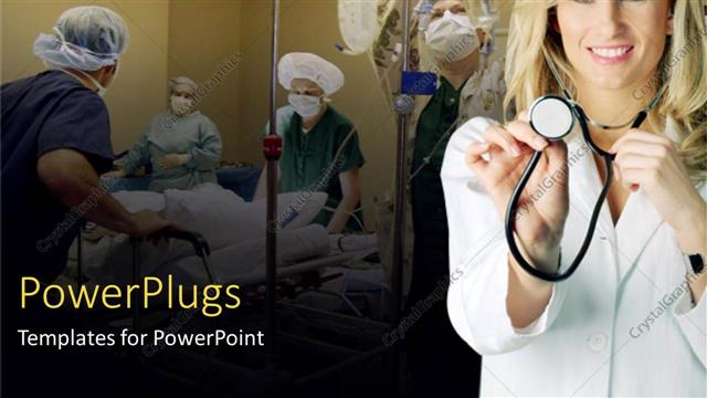  Presentation with surgery - Smiling lady holding a stethoscope with other people performing surgery