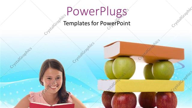  Presentation with pile - Smiling lady holds open book with pile of books and apples