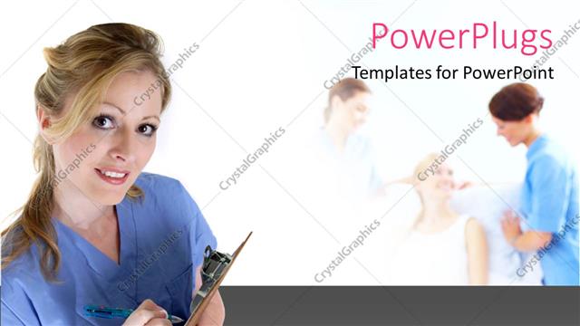  Presentation with lady - A smiling lady in medical outfit with people at the background