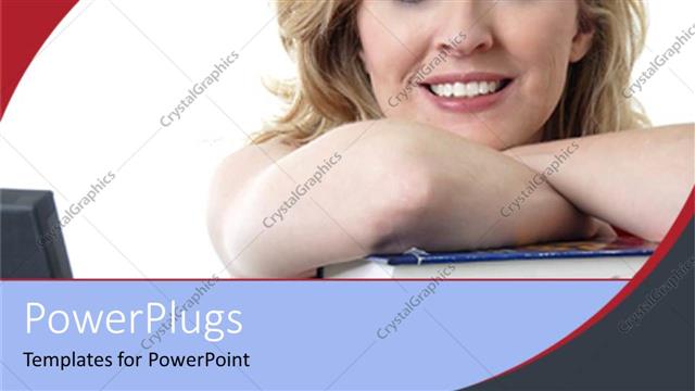  Presentation with lady - A smiling lady resting on a blue closed book