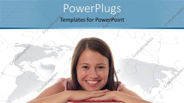  Presentation with stack books - Smiling lady rests hand and chin on pile of books