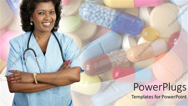  Presentation with latina - Smiling Latina nurse with arms crossed wearing stethoscope standing in front of pile of various types of pills