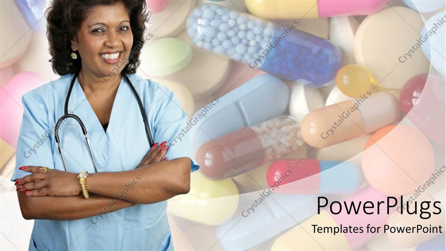 Featuring Smiling Latina Nurse with Arms Crossed Wearing Stethoscope Standing in Front of Pile of Various Types of Pills