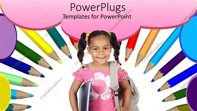  Presentation with pencils - Smiling little girl dressed for school surrounded by colorful pencils?