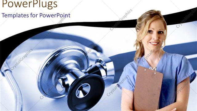  Presentation with record - Smiling nurse holding patient's record and a pencil, with stethoscope in the background