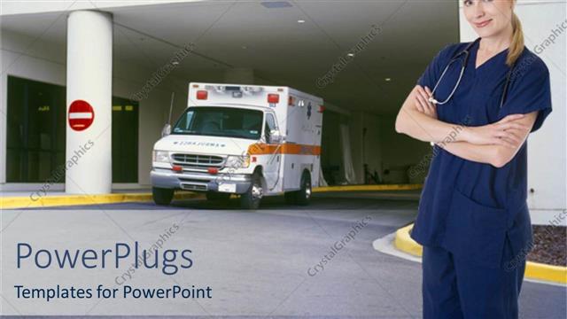  Presentation with ambulance - Smiling nurse standing in front of hospital entrance written ambulance only