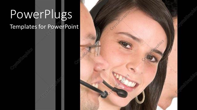  Presentation with advertising - Smiling pretty female with two males beside her wearing headsets