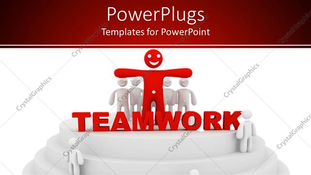 Presentation with white letters - Smiling red figure standing with arms outstretched surrounded by white figures and letters teamwork