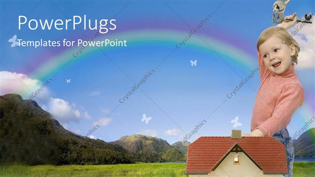  Presentation with house key - Smiling small child standing next to small house holding large key ring with keys