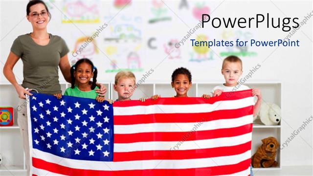  Presentation with preschool - Smiling teacher with four little kids holding up American flag?
