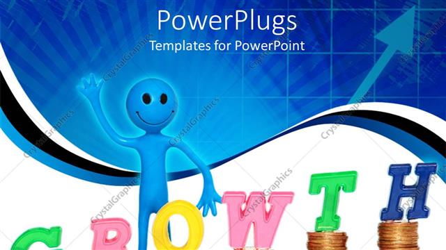  Presentation with piles - Smiling, waving blue figure standing next to piles of coins with letters spelling Growth