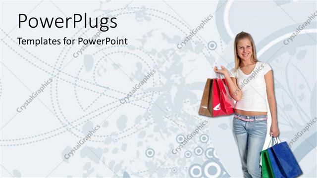  Presentation with multi - Smiling woman carrying multi colored shopping bags in white background