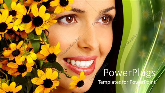  Presentation with beauty - Smiling woman face with yellow flowers, white teeth, woman face close up