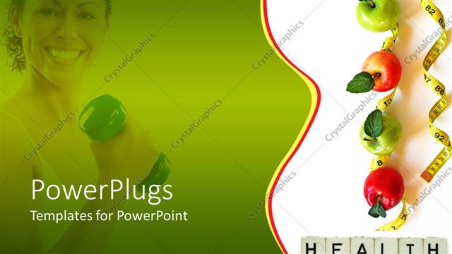  Presentation with tape - Smiling woman with fitness weight in her hand fading in the green background and green and red apples on measuring tape and word health on blocks on white background