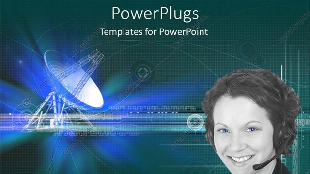  Presentation with satellite dish - Smiling woman with headphone and microphone with satellite dish