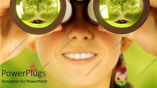  Presentation with lens - Smiling woman holding binoculars at her eyes and big green tree reflecting in the lens