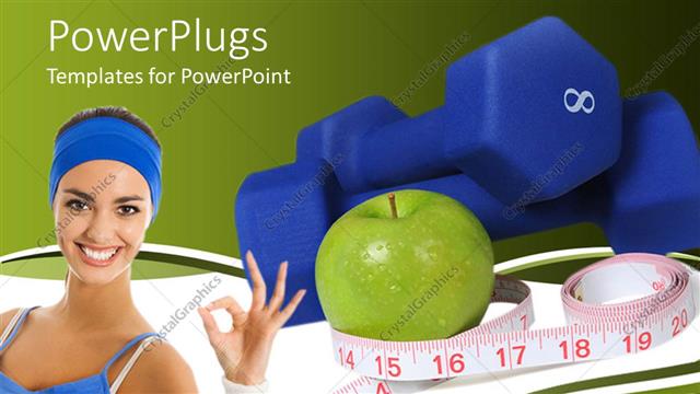  Presentation with exercise - Smiling woman next to blue dumbbells and measuring tape around green apple