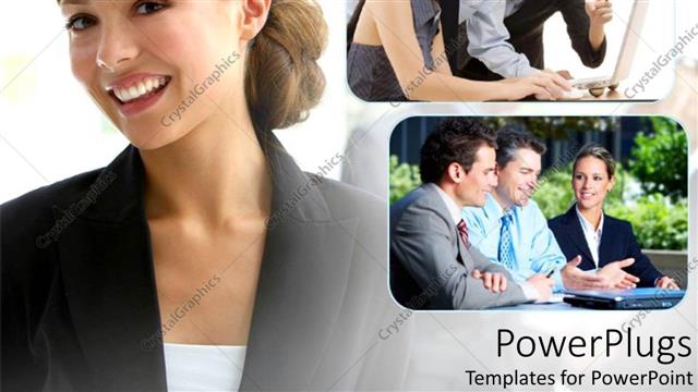  Presentation with teams - Smiling woman next to depictions of group discussions