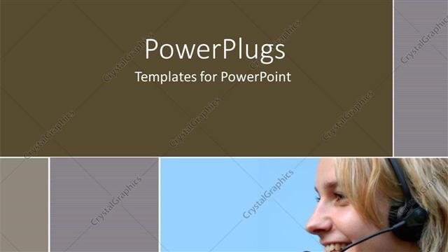  Presentation with telephone - Smiling woman wearing telephone headset on blue and gray background